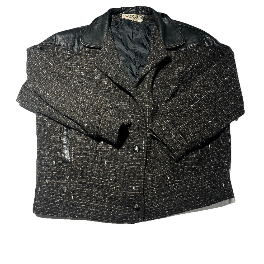 VTG 80's The Jack Set Wool Mix Coat Womens 13 Boucle Bomber Jacket Leather Trim